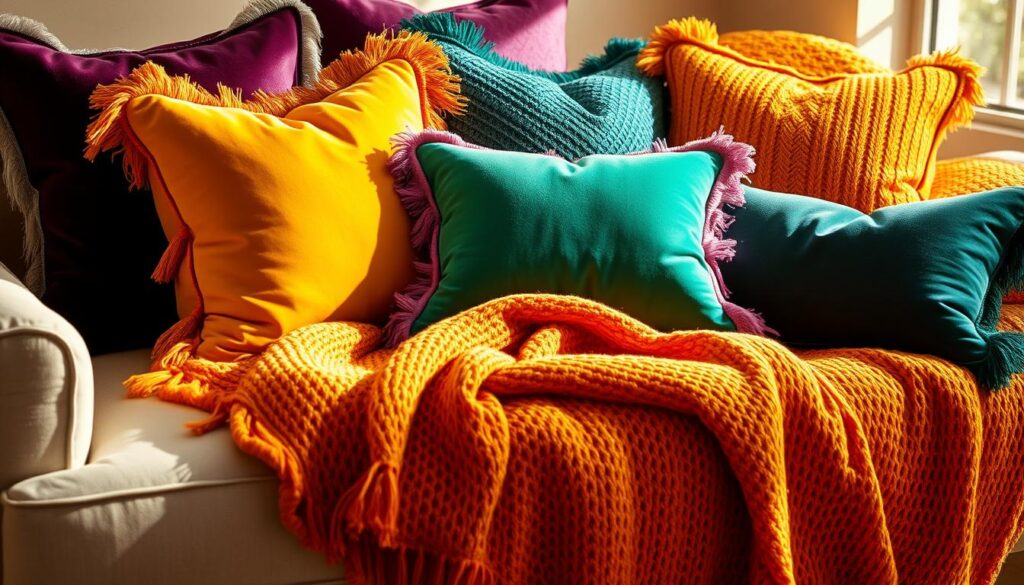 vibrant throw pillows and blankets
