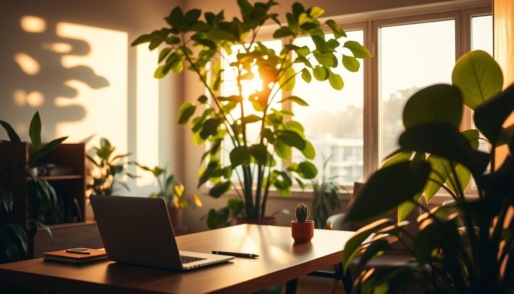 workspace with plants and warm lighting