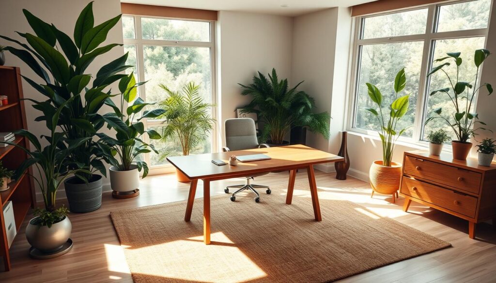 zen office with plants and wood