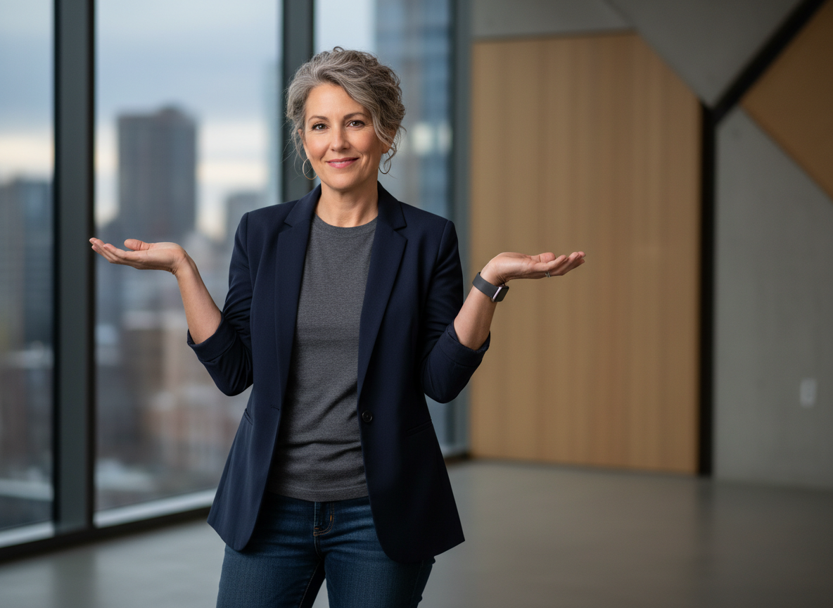 Generation X person shrugging with whatever attitude while successfully managing multiple responsibilities