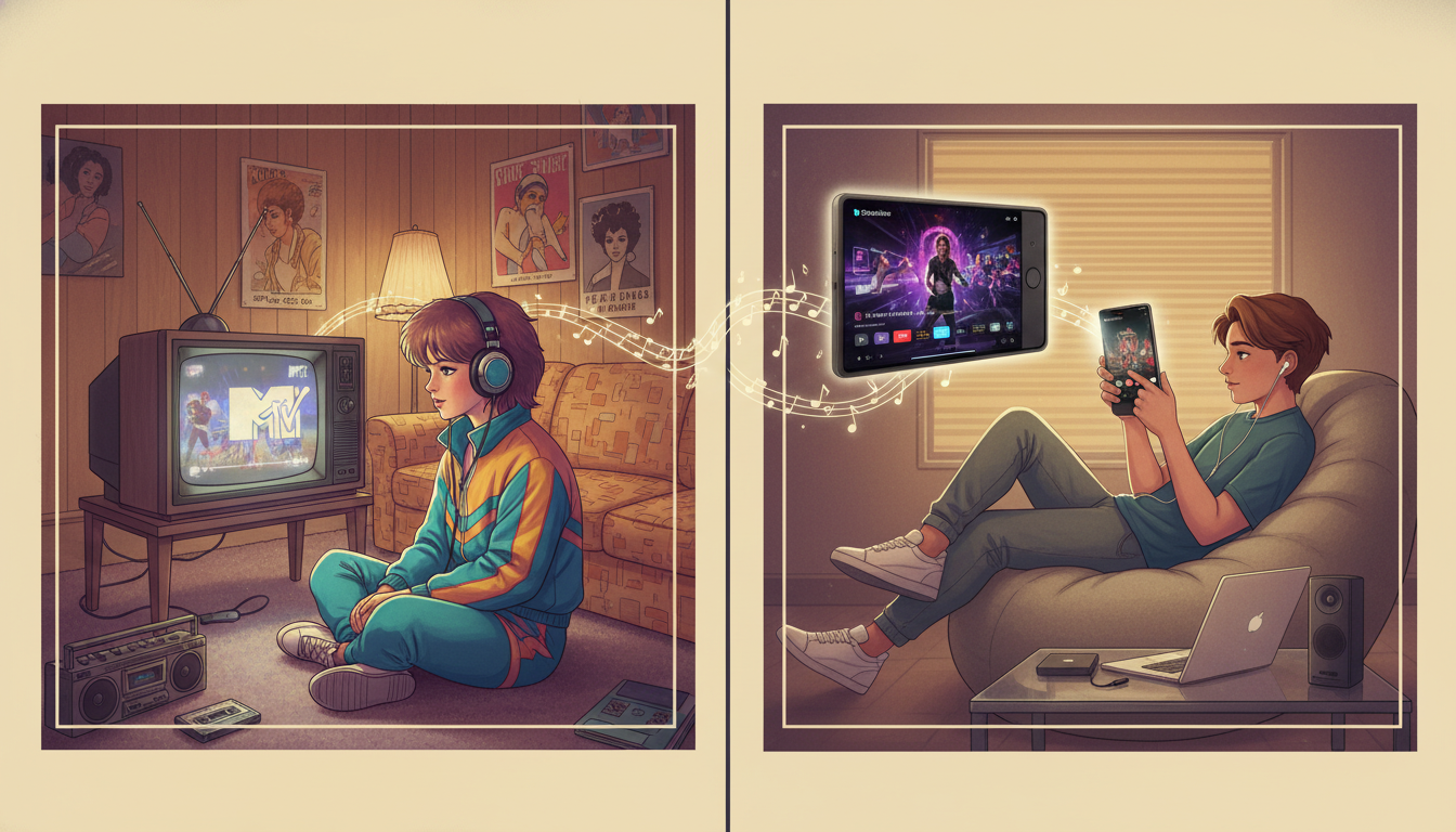 Split image showing 1980s MTV viewer and modern streaming viewer