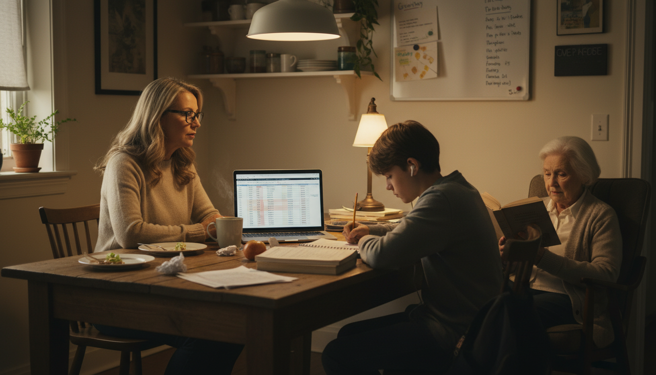 Generation X professional juggling work responsibilities, caring for elderly parent, and helping child with homework