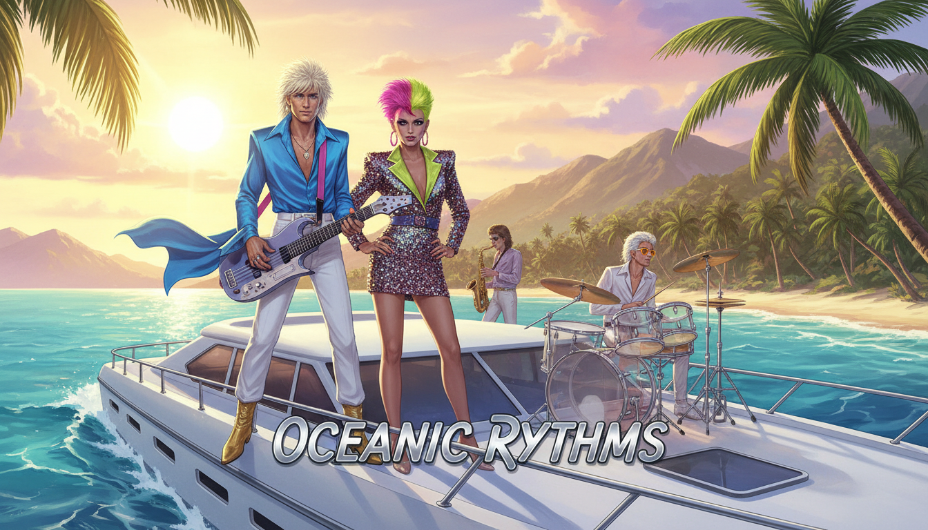 Duran Duran on yacht in tropical location with vibrant colors and 1980s fashion