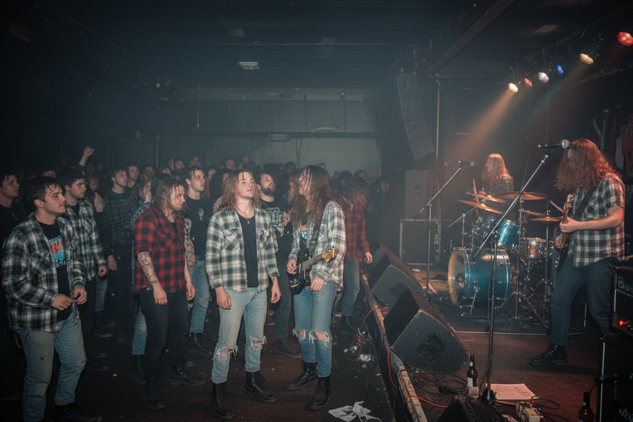 Seattle grunge music scene 1990s with flannel-wearing youth at underground concert venue