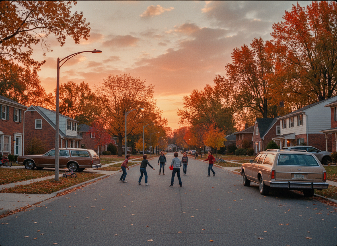 Empty suburban street at dusk in 1980s with children playing outside unsupervised as streetlights turn on