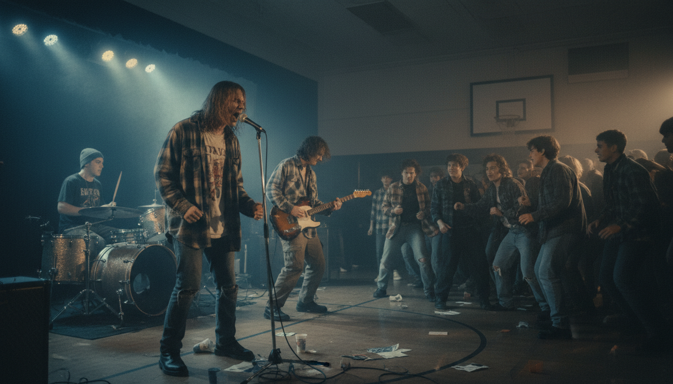 Nirvana performing Smells Like Teen Spirit in a dimly lit gymnasium with teenage audience