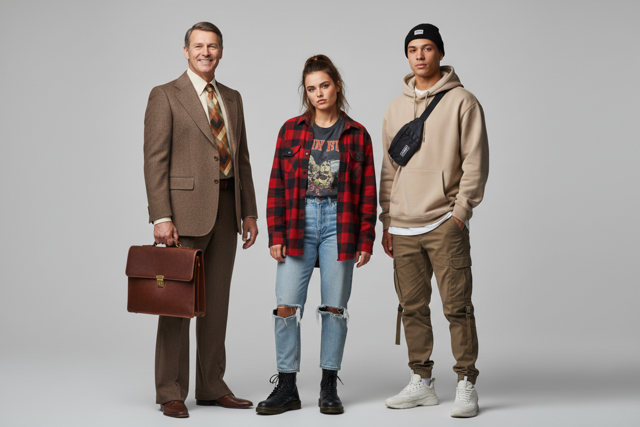 Three generations standing together representing Baby Boomers, Generation X, and Millennials with distinct styling from their eras