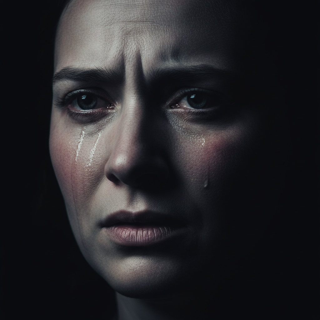 Extreme close-up portrait showcasing raw emotional expression and vulnerability