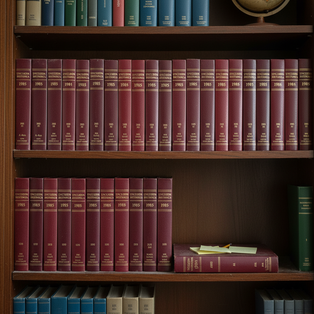 Encyclopedia Britannica set with multiple volumes on bookshelf