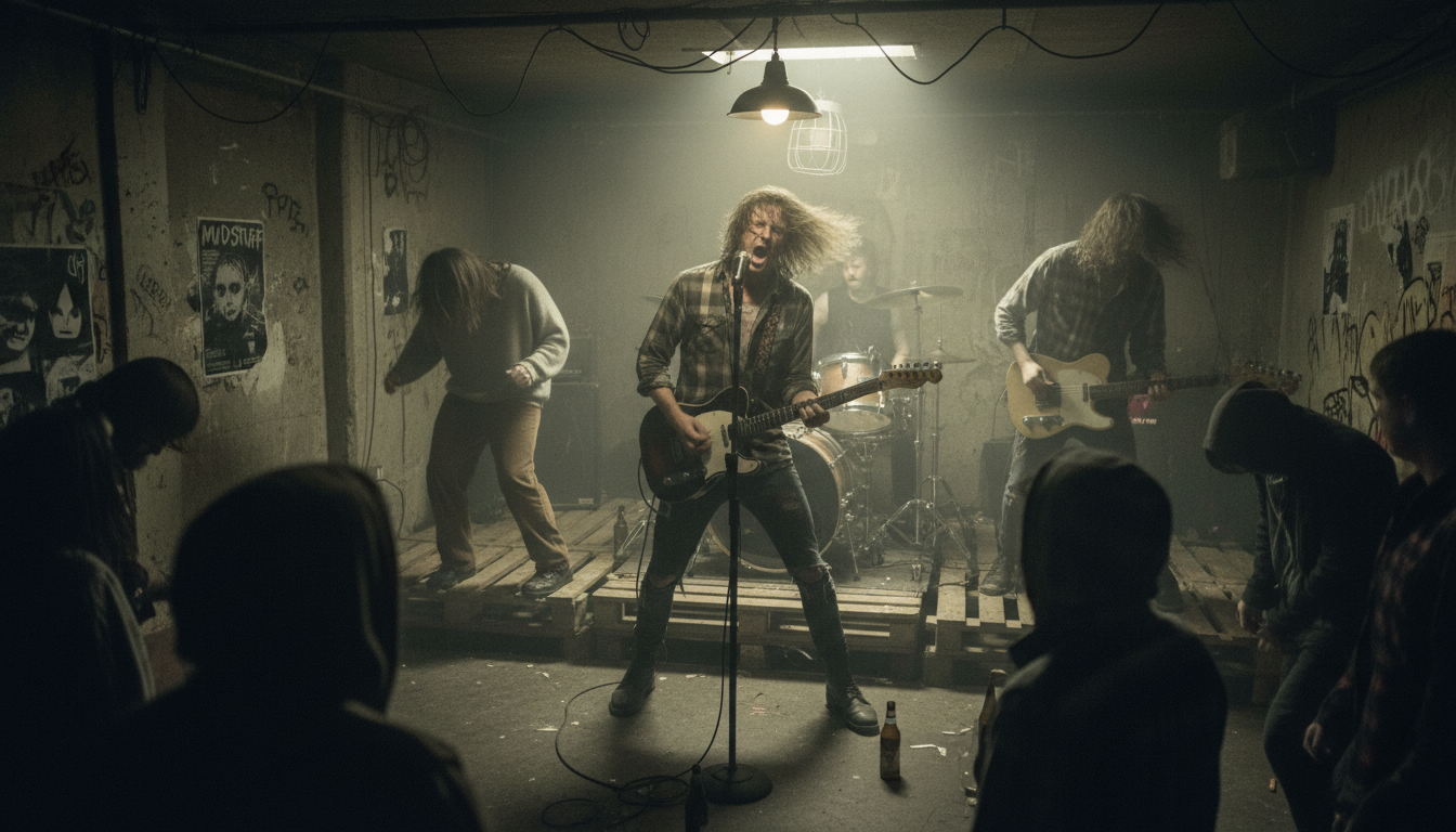 Raw grunge aesthetic with dim lighting and authentic underground venue atmosphere