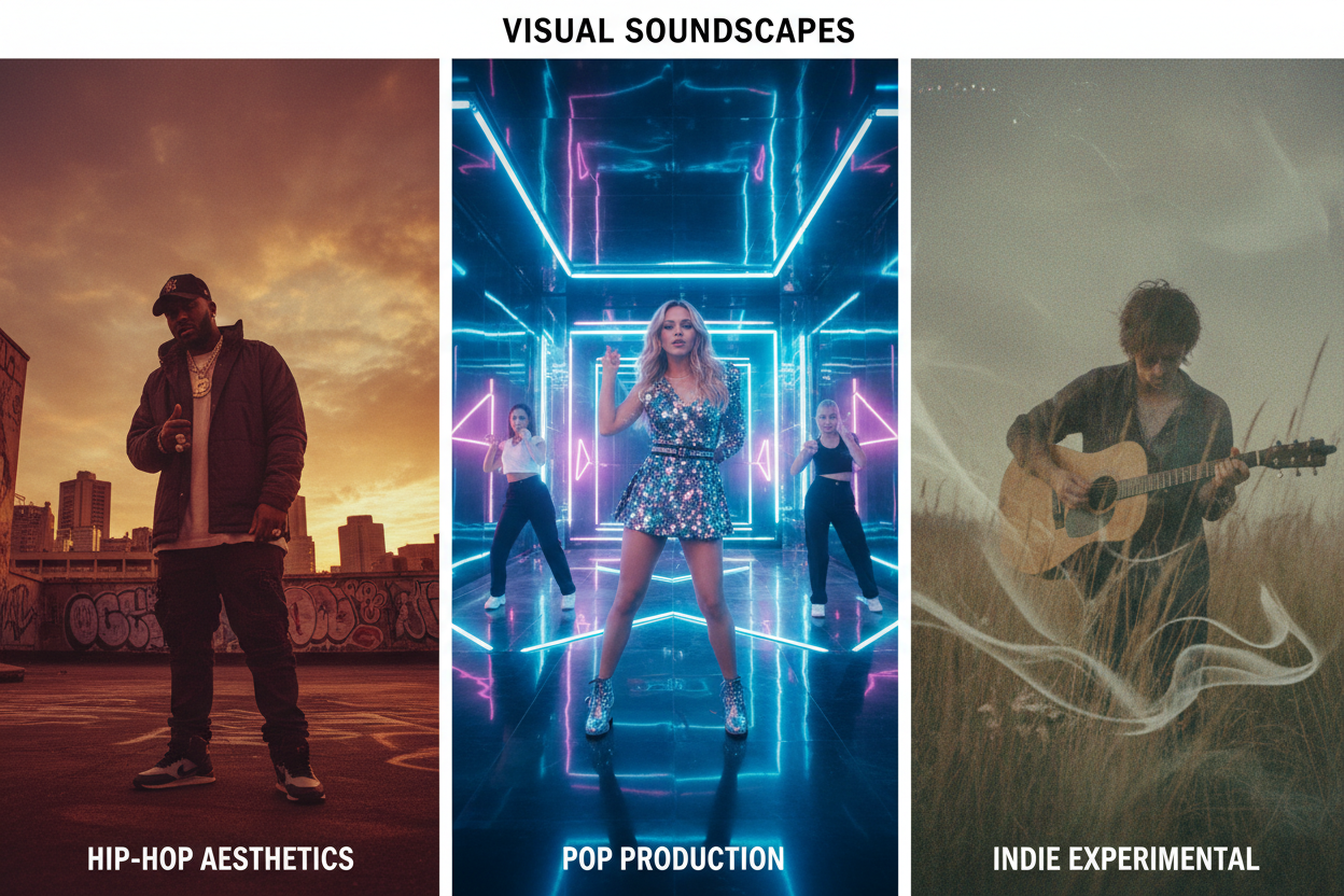 Split screen showing different music video styles across genres