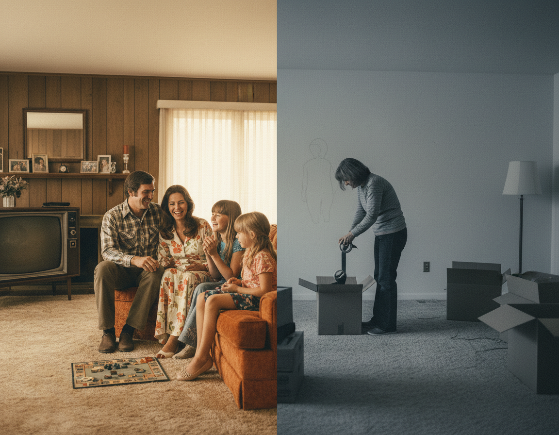 Split image showing intact family on one side and separated divorced parents on other side representing 1970s divorce epidemic