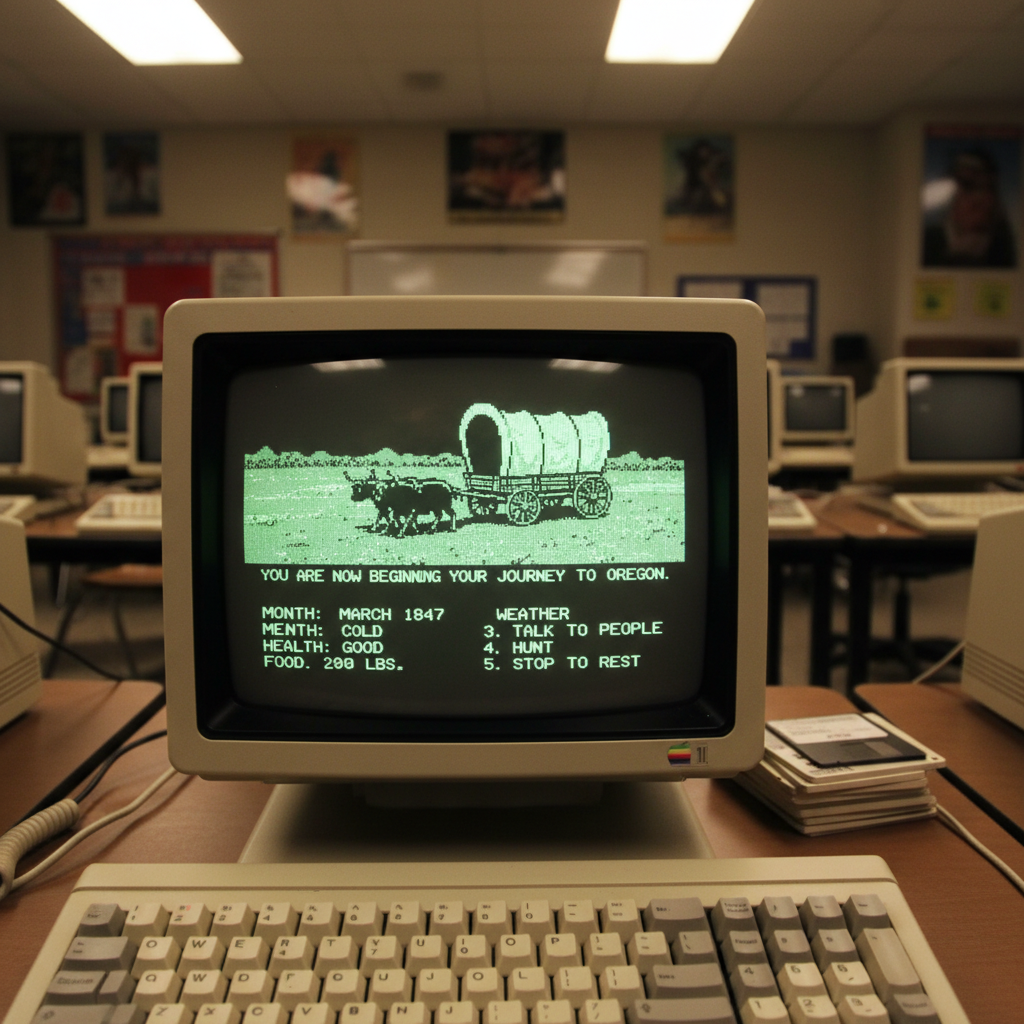 The Oregon Trail computer game running on Apple II computer screen