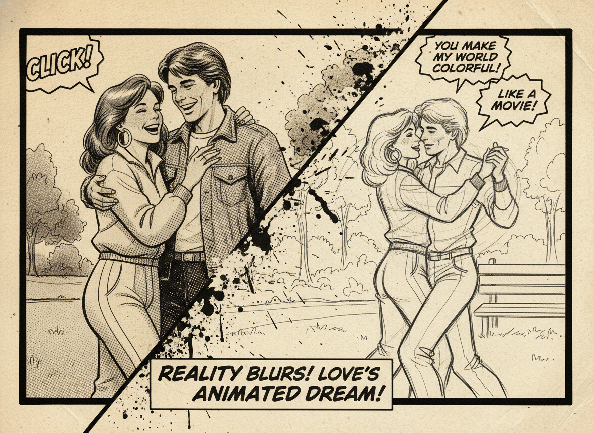 Rotoscoped pencil sketch animation blending with live action in comic book style