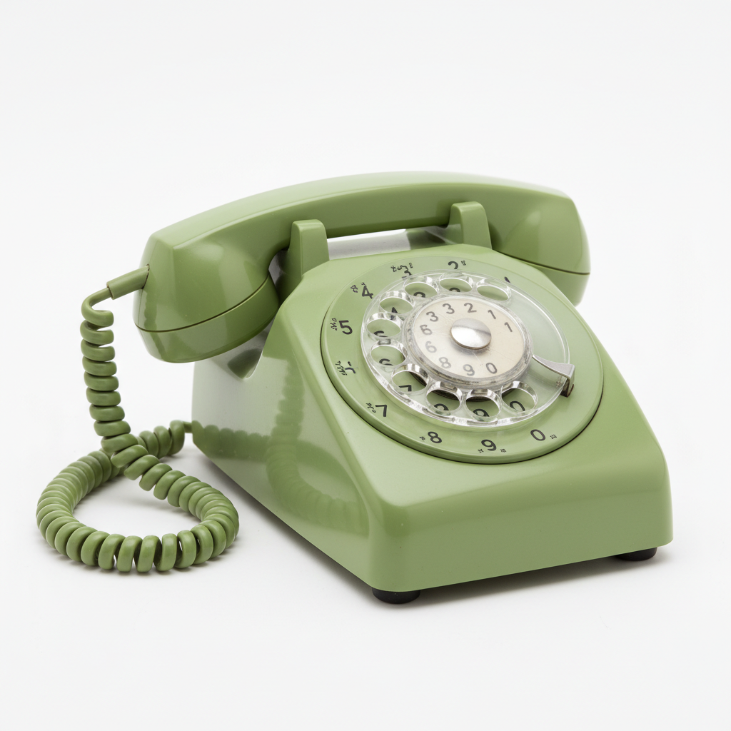 Rotary dial telephone in avocado green color from 1970s