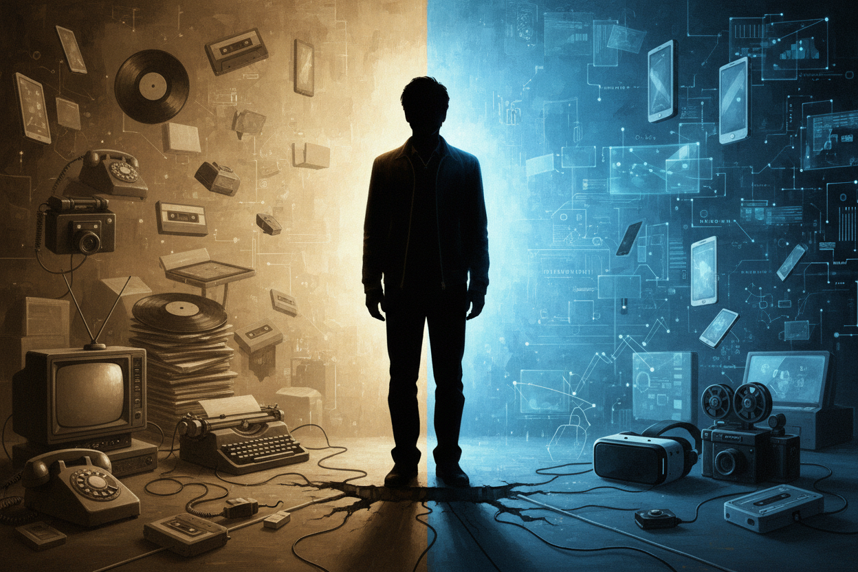 Generation X silhouette standing between past analog world and future digital landscape