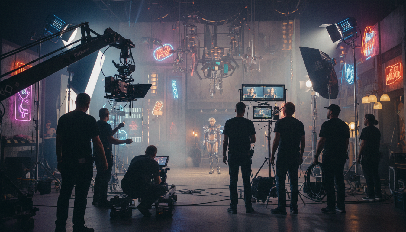 Behind the scenes of modern music video production with cameras and equipment