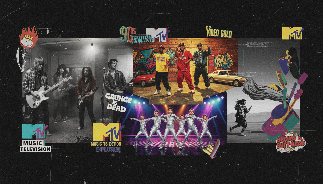 Montage of iconic 1990s music video moments celebrating the decade's visual legacy