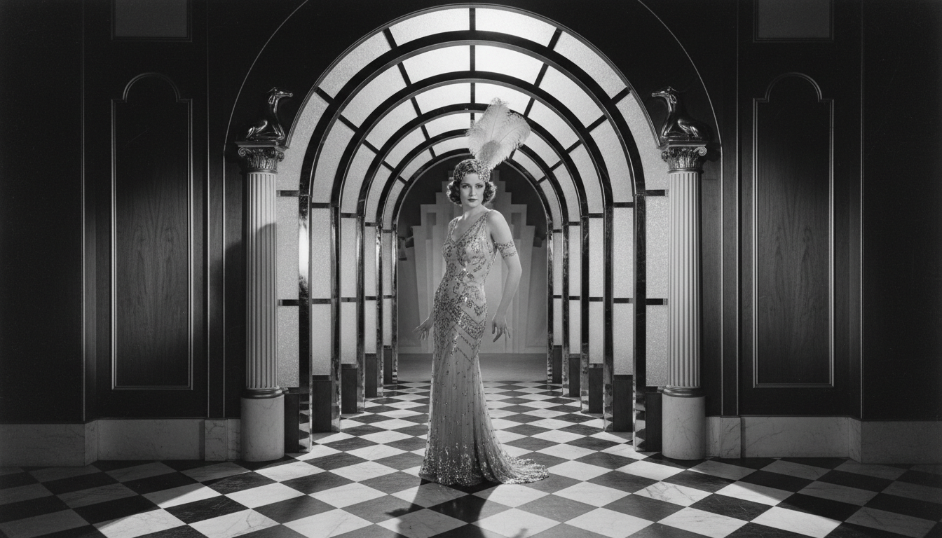 Glamorous black and white art deco scene with Hollywood golden age aesthetic