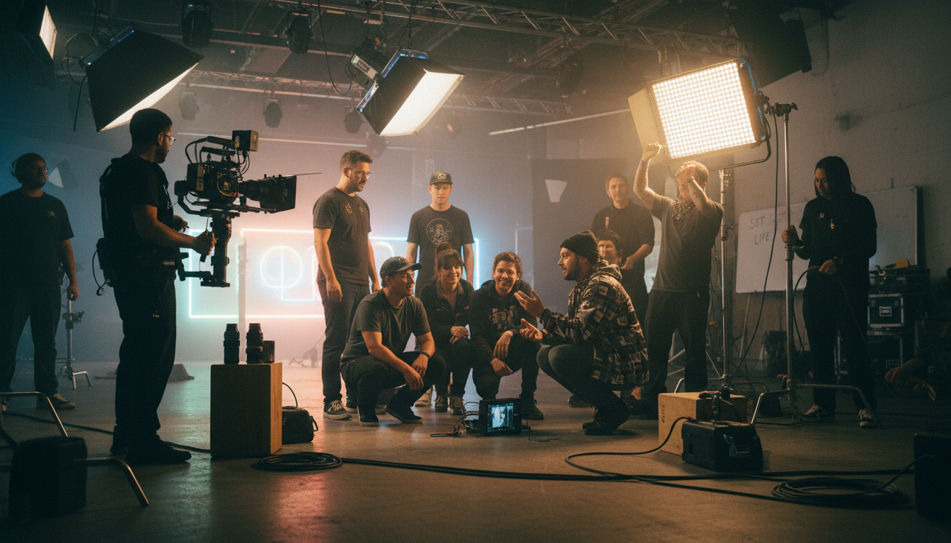 behind the scenes of music video production showing director and crew at work