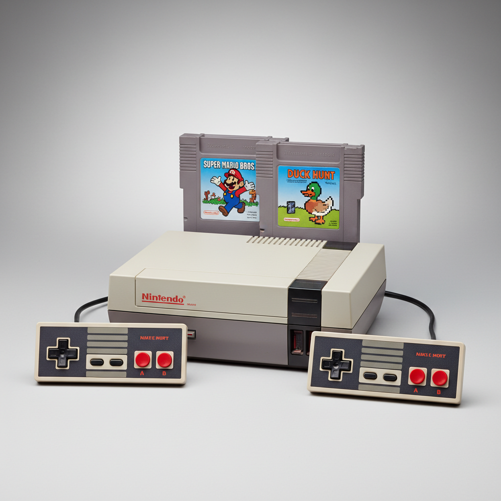 Original Nintendo Entertainment System console with controllers and game cartridges