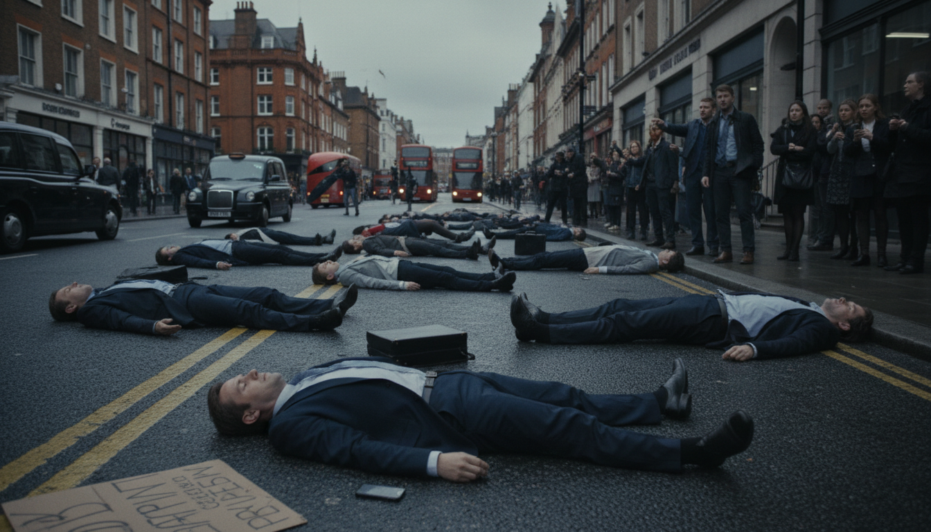 Urban street scene with crowd of people lying on sidewalk creating mystery