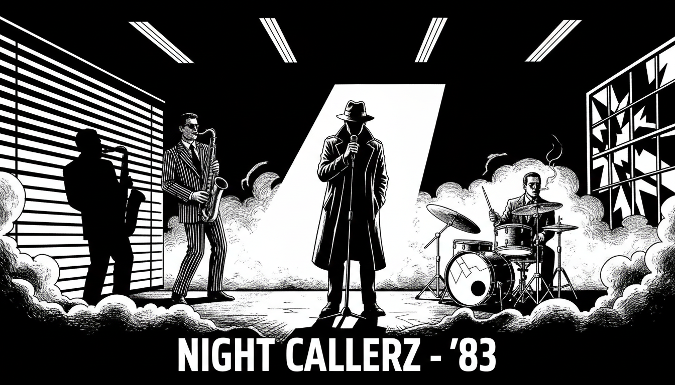 The Police band members in dramatic black and white noir lighting with stark shadows