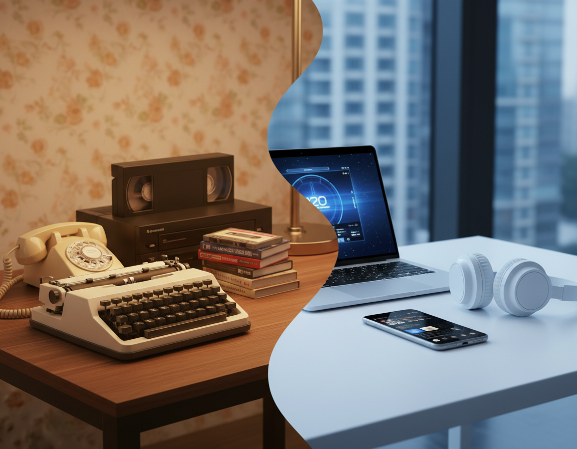 Split composition showing analog technology on one side and digital technology on other representing Generation X bridge