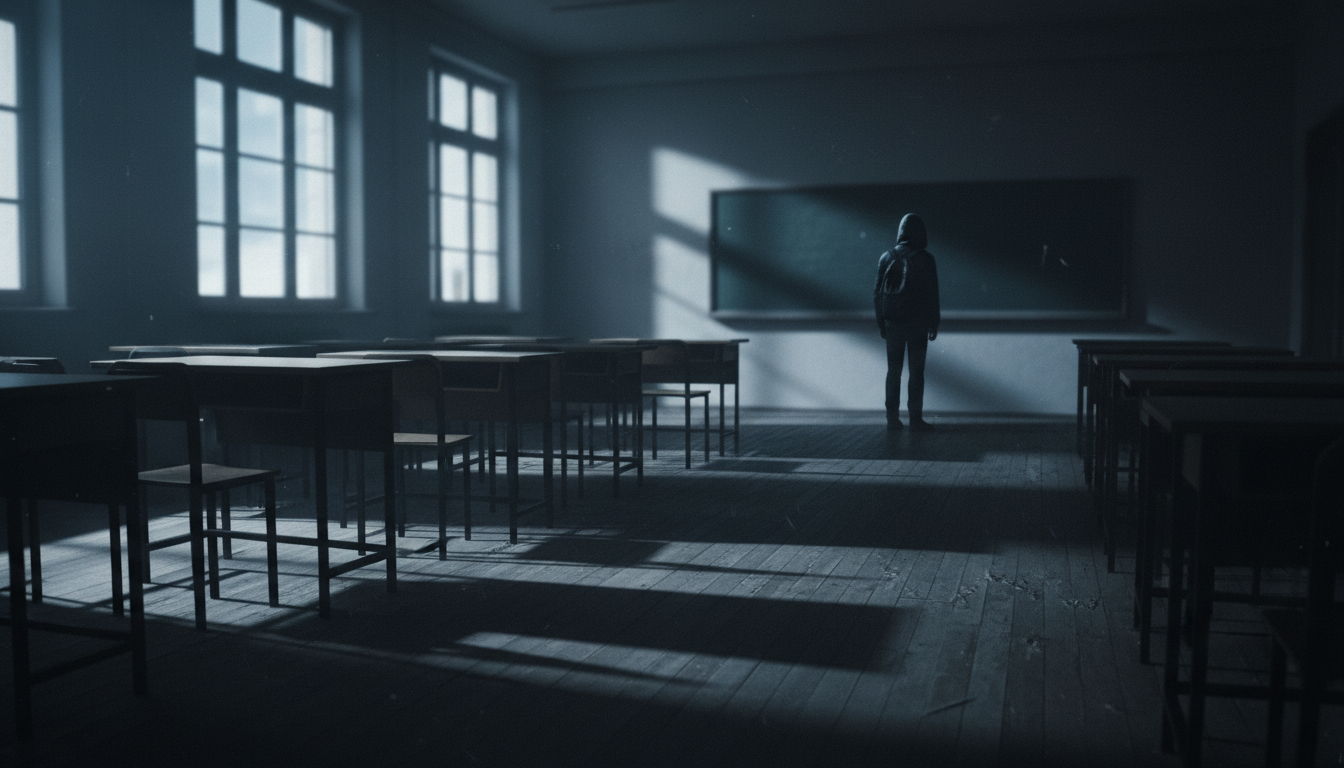 Moody classroom scene depicting teen isolation and emotional distress