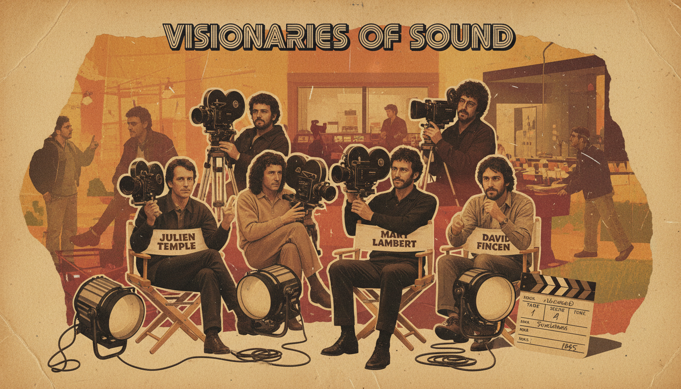 Collage of iconic music video directors with their camera equipment