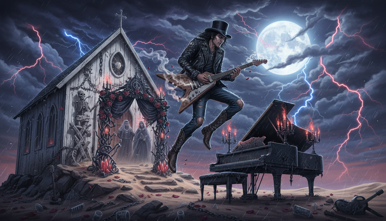 Slash playing guitar solo outside church with dramatic sky and rock band performance