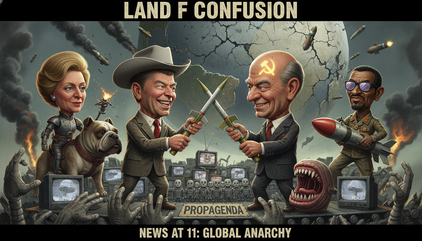 Satirical latex puppets of 1980s political figures in exaggerated caricature style