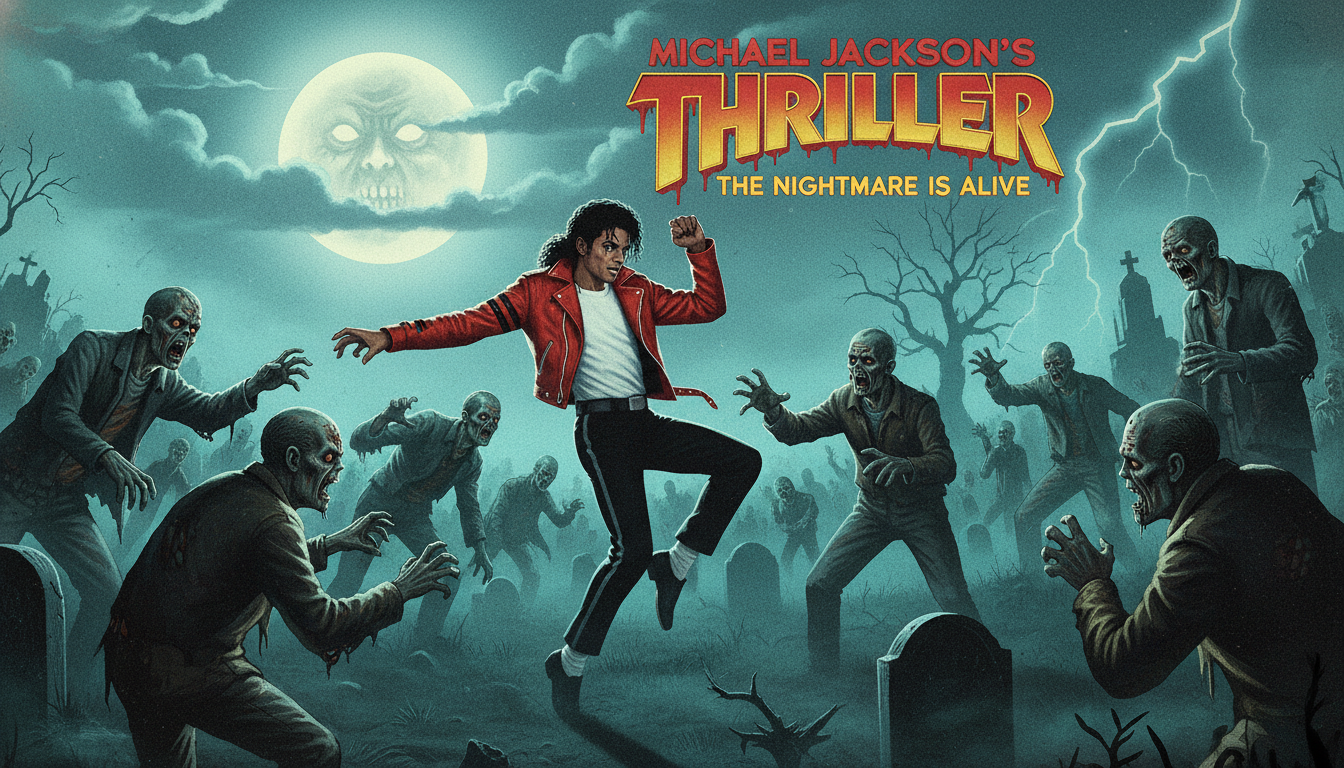 Michael Jackson performing the iconic Thriller zombie dance in red leather jacket