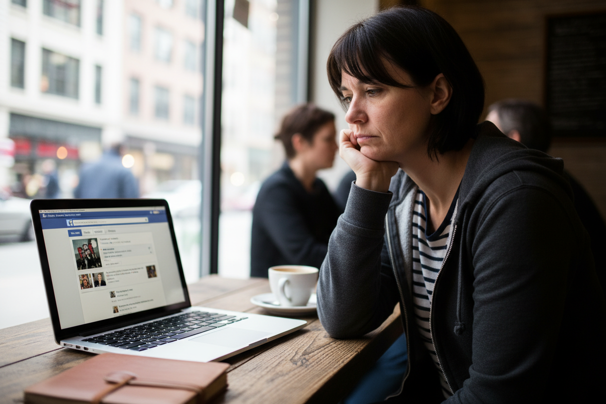 Generation X person using early social media on laptop with skeptical expression