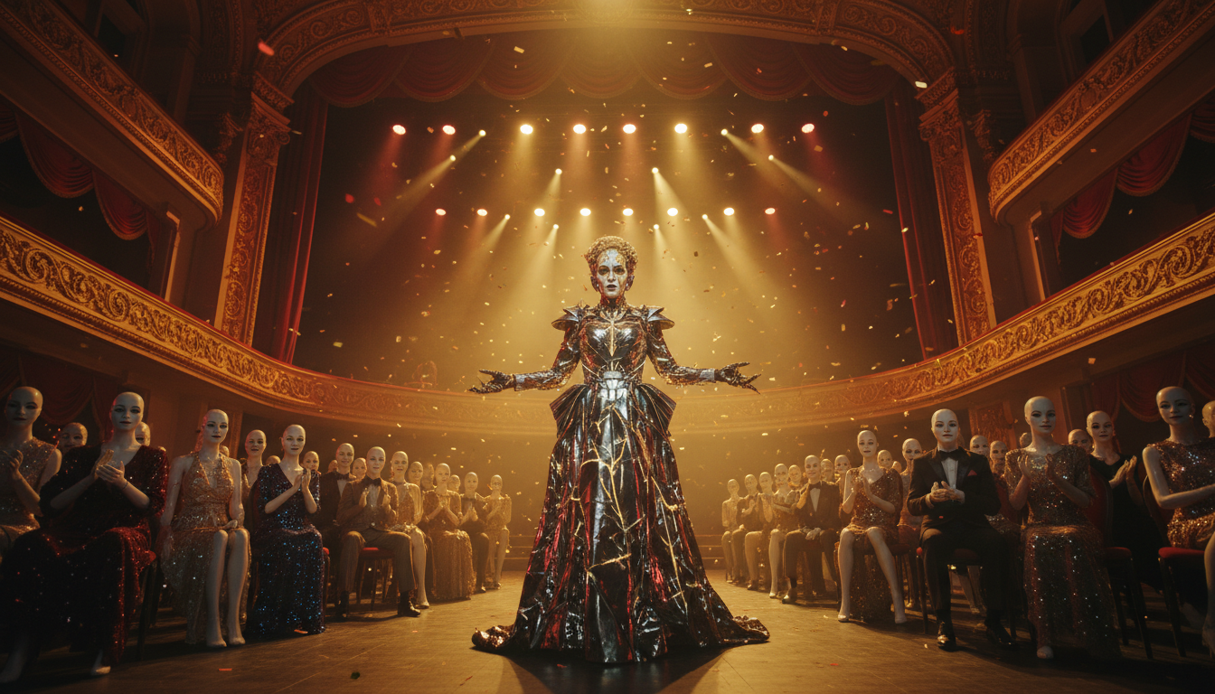 music video featuring theatrical concert hall setting with surreal dramatic makeup and lighting