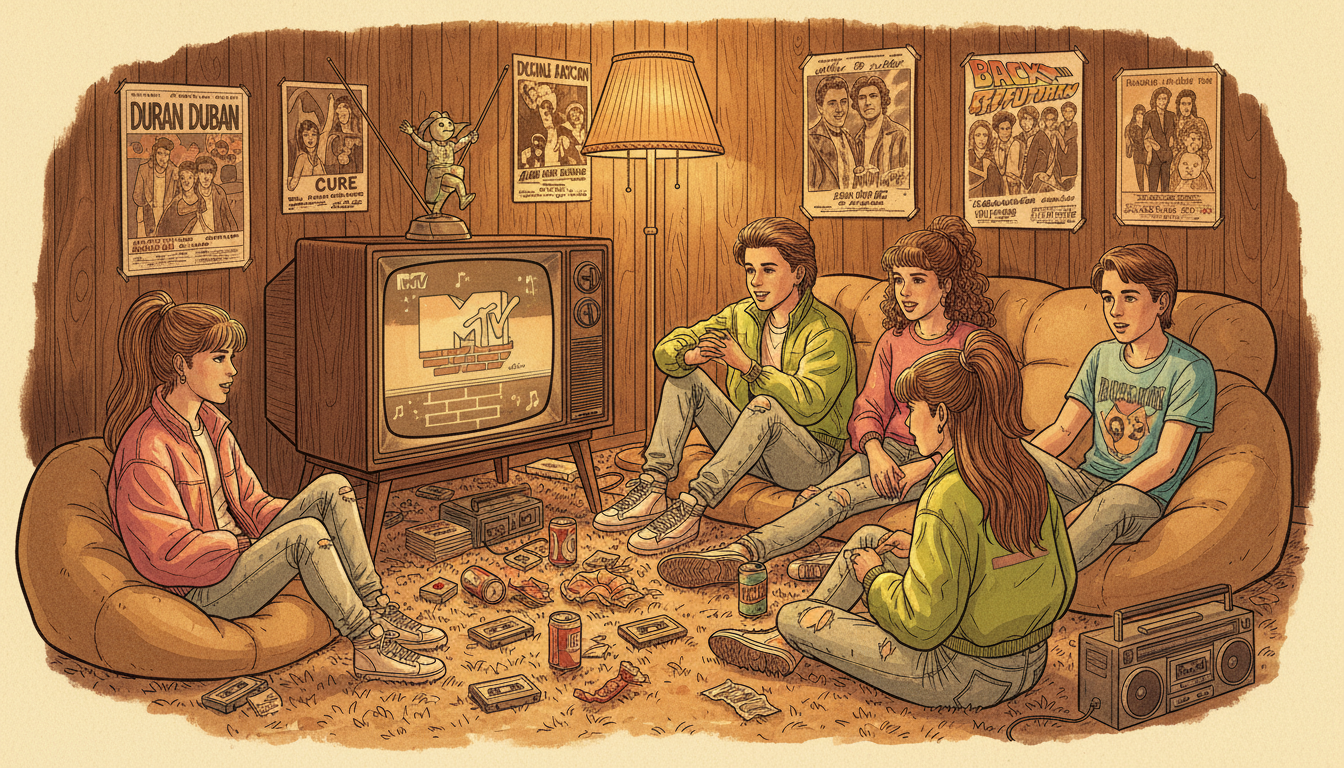 Teenagers watching MTV on vintage television in 1980s living room