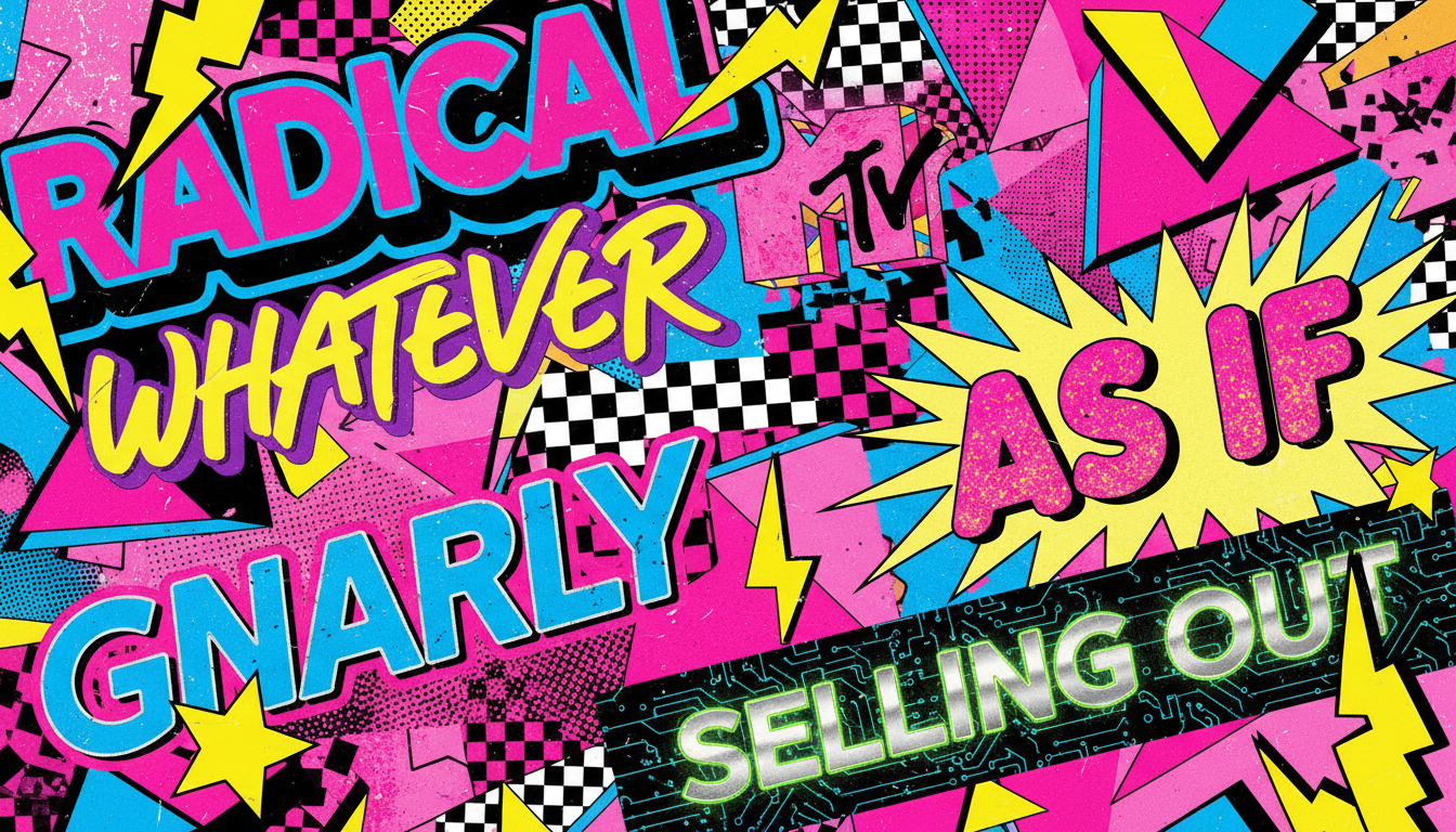 Vintage 1980s and 1990s slang words displayed in retro typography and neon colors