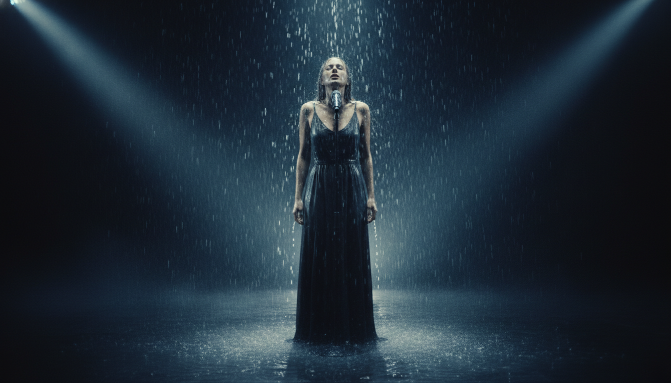 music video featuring artist performing in dramatic rain on stage with moody lighting