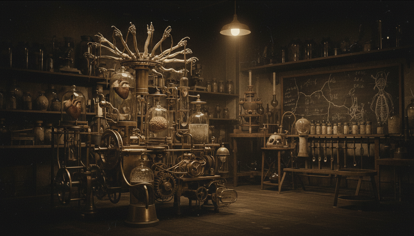 Dark industrial aesthetic with vintage sepia tones and surreal disturbing artistic elements