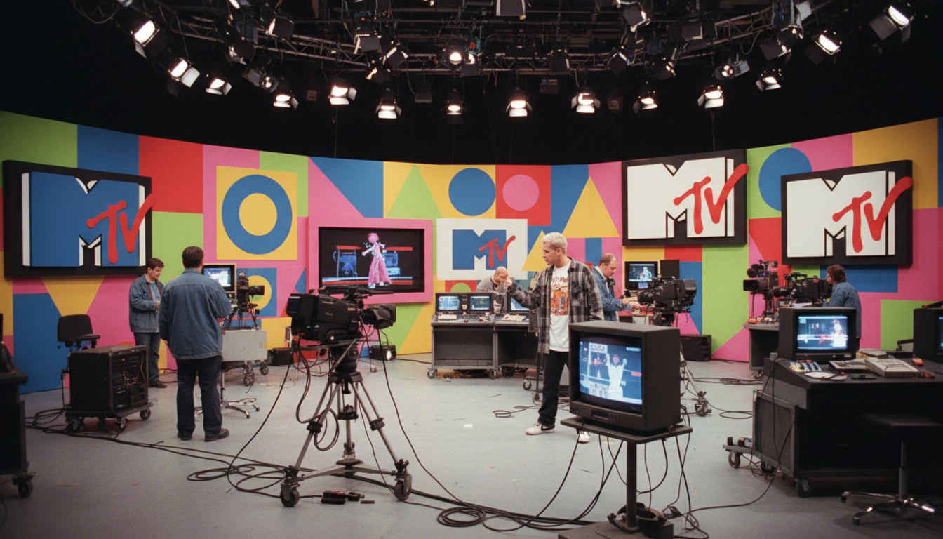 MTV studio set from 1990s showing iconic logos and VJ personalities