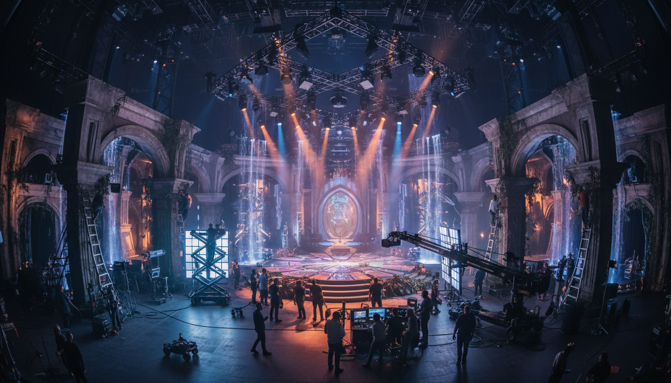 Elaborate music video set design with intricate details and atmospheric lighting