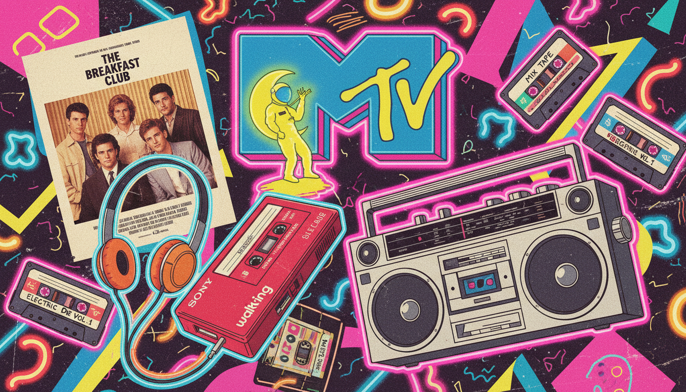Collage of 1980s pop culture icons including MTV logo, John Hughes movie posters, cassette tapes, and boom box