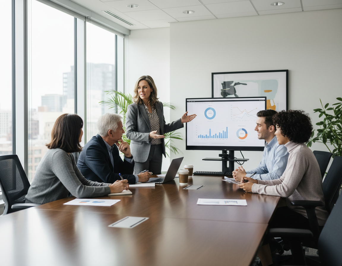 Generation X business leader in modern office conducting team meeting with diverse age groups