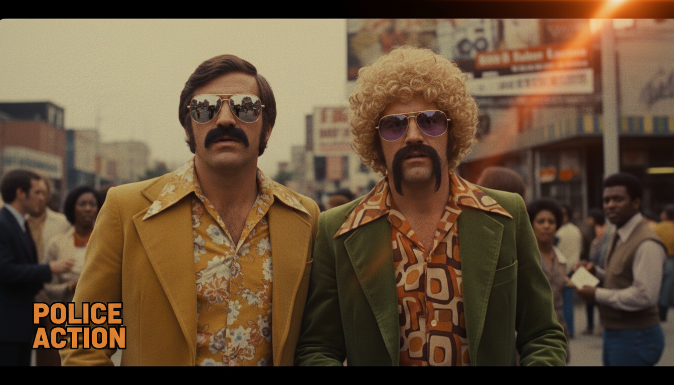 1970s-style crime drama scene with exaggerated mustaches and vintage cop show aesthetic