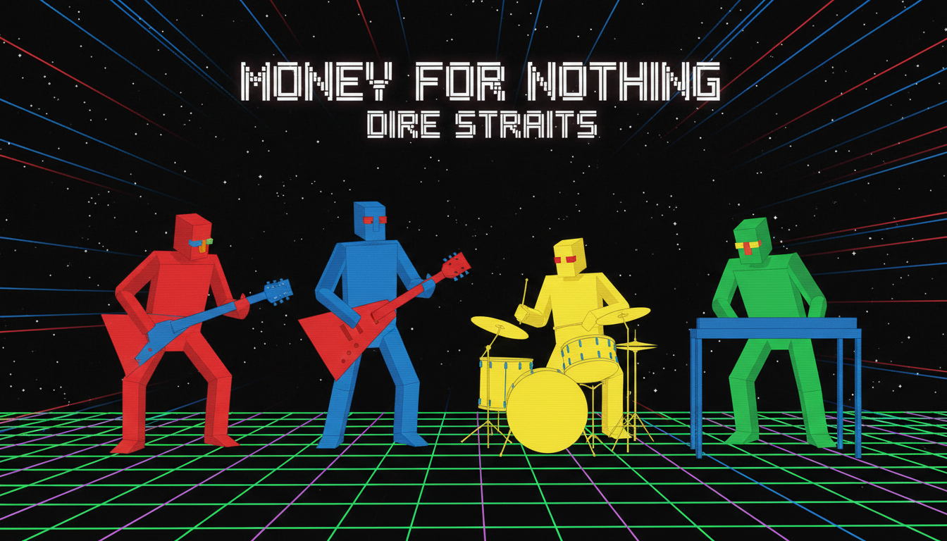 Early CGI animation with blocky characters playing guitars in 1980s computer graphics style