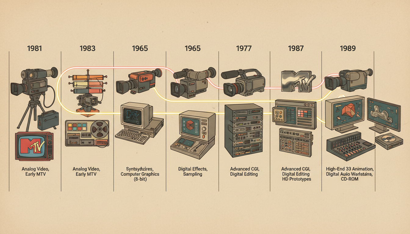 Timeline showing evolution of music video production from early 1980s to late 1980s