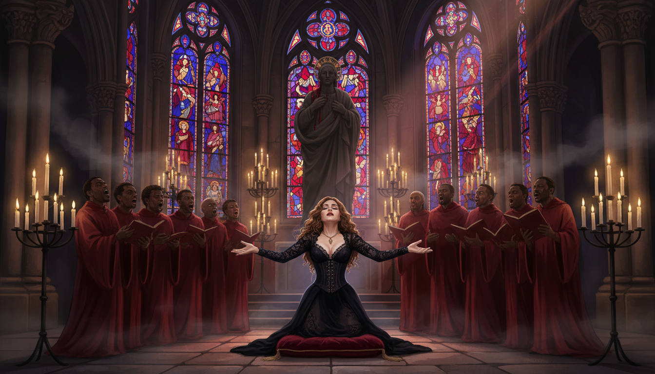 Madonna in church setting with religious imagery and gospel choir