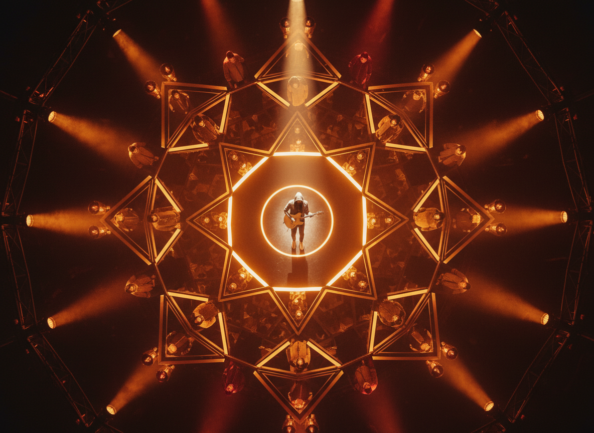 music video featuring circular stage with performer surrounded by audience creating intimate yet isolated atmosphere