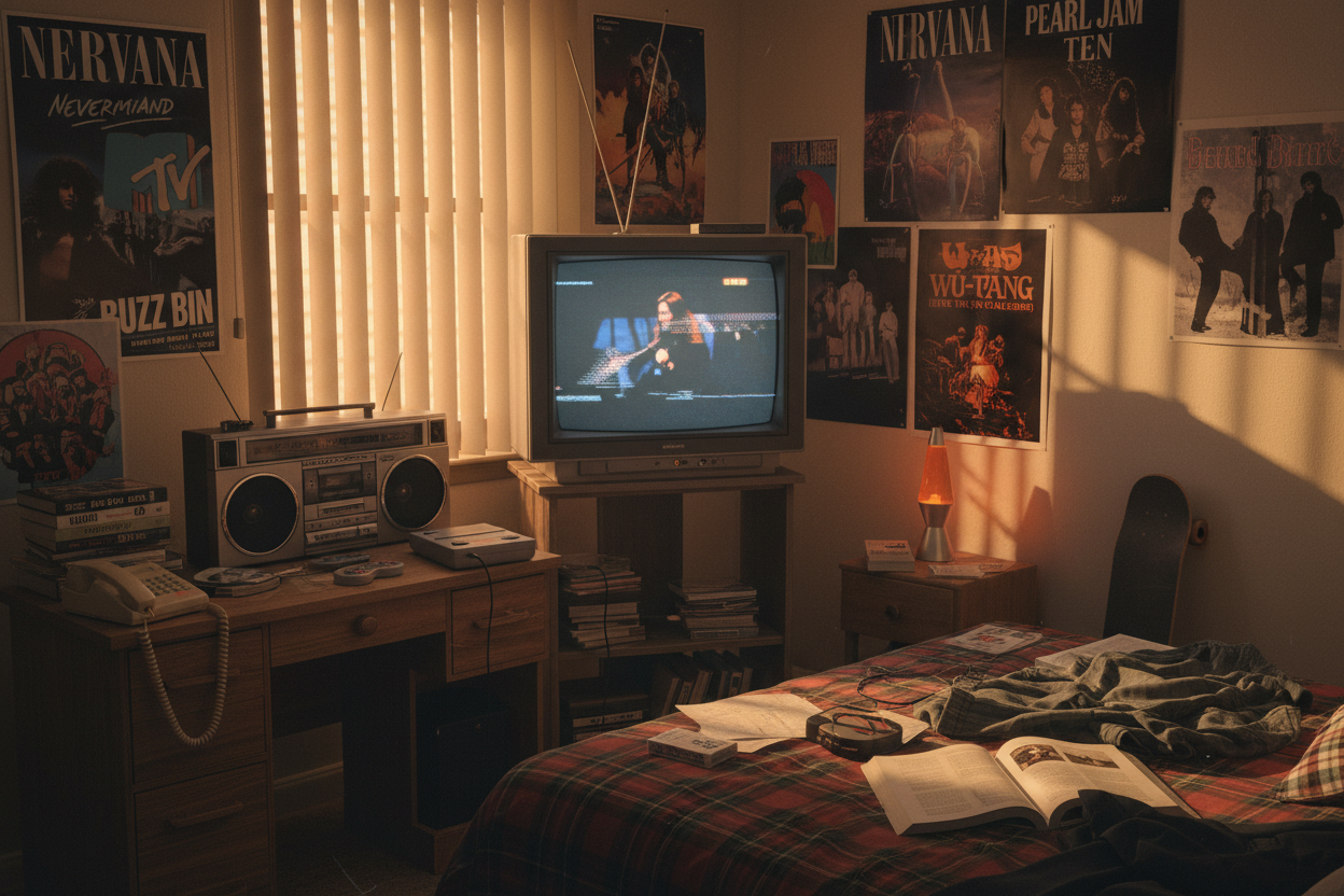 1990s teenager bedroom with MTV posters and music culture memorabilia