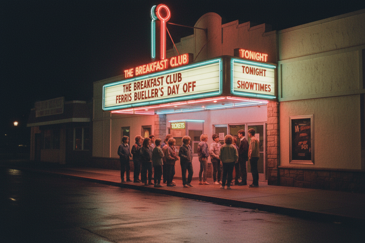 1980s movie theater marquee showing John Hughes films with teenagers standing in line with popcorn